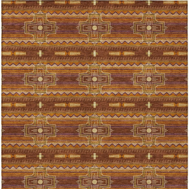 Rectangular tribal rug with repeating square medallion and stripe design in brown.