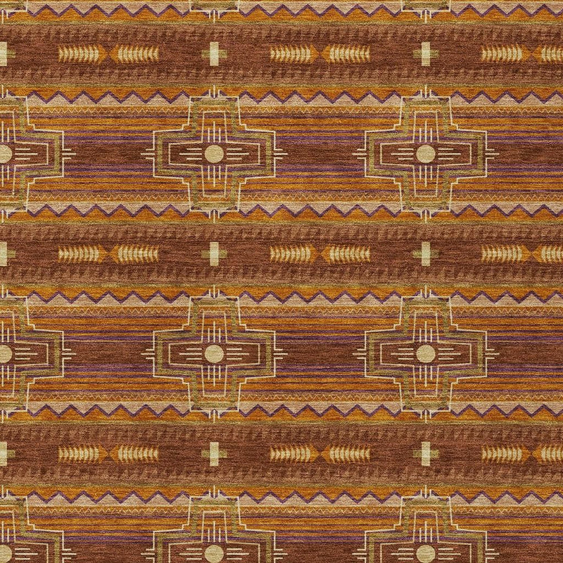 Geometric tribal rug panel pattern with rust, tan, and blue lines and medallions.