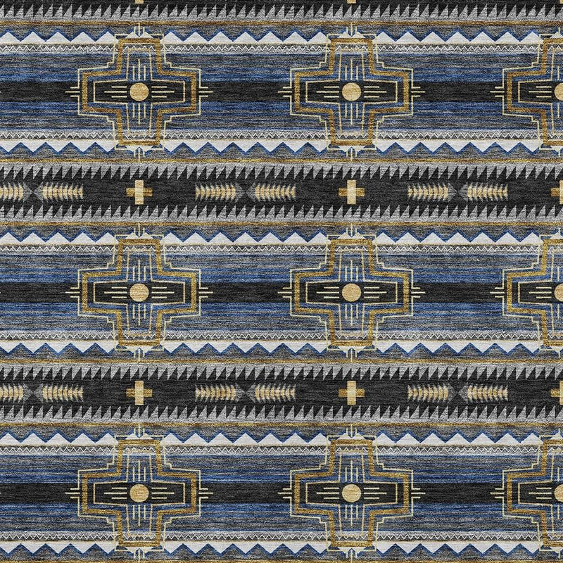 Tribal area rug with repeating blue stripe bands and gold cross motifs on dark ground