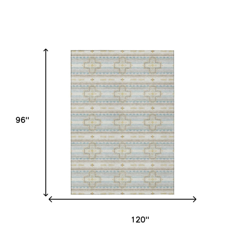 Rectangular rug dimensions: 8 x 10 ft, ivory and cream with blue tribal pattern