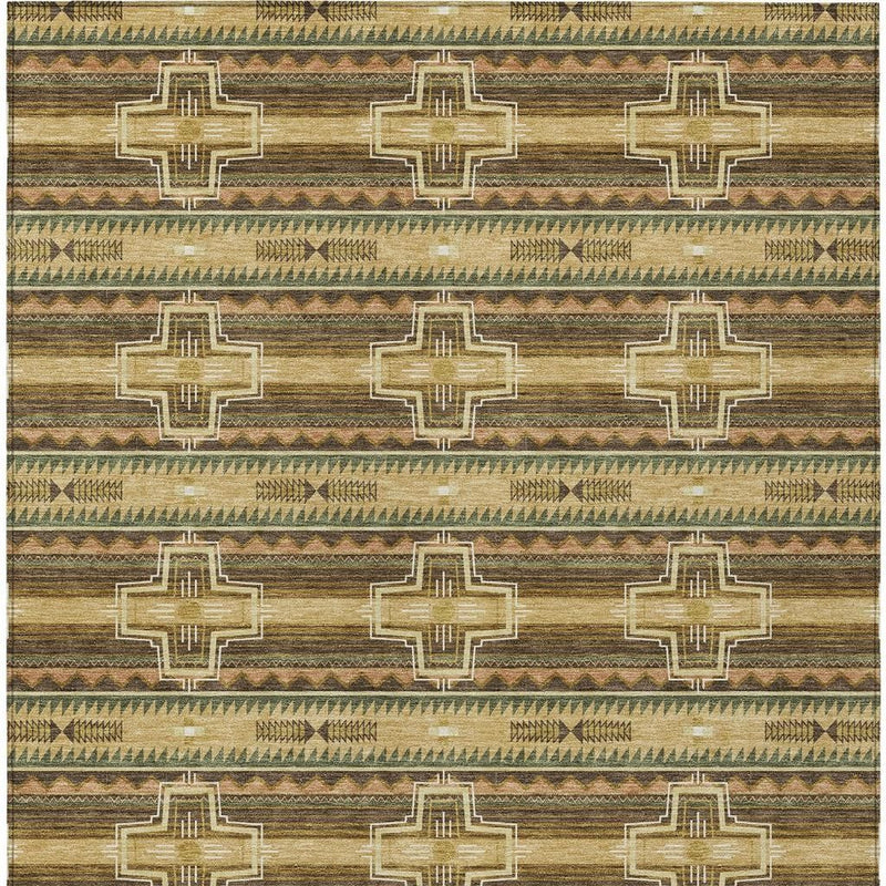 Multicolor tribal area rug with cross motifs and layered striped bands