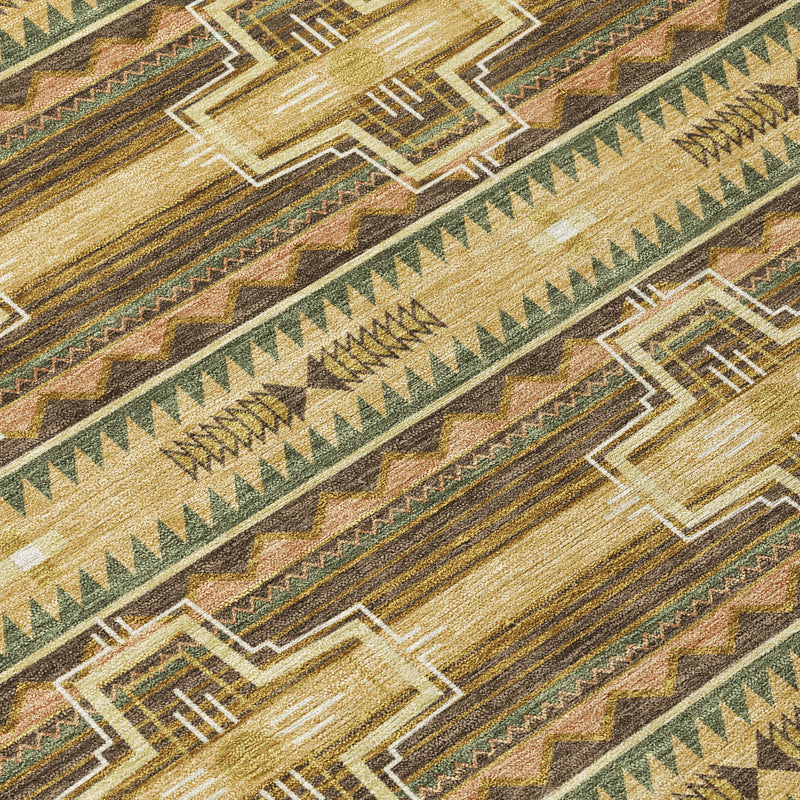 Gold-toned tribal area rug detail with diamond, chevron, and cross pattern