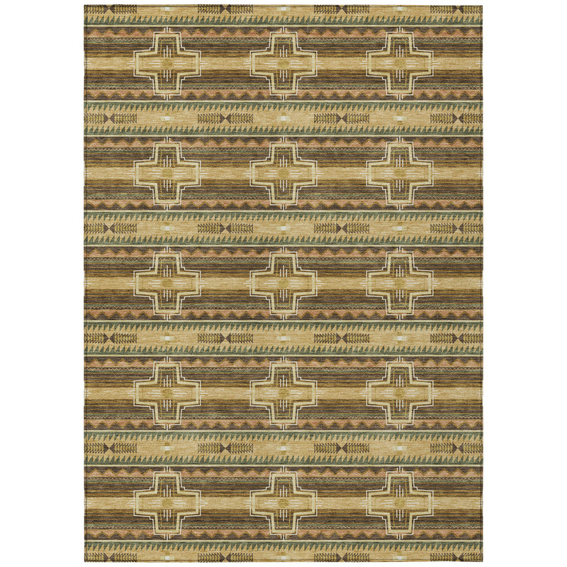 Rectangular tribal area rug with gold and brown cross motifs on striped field