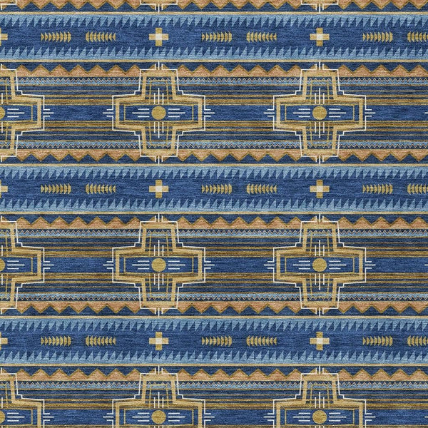 Navy blue tribal area rug with geometric cross and stripe pattern in gold and tan