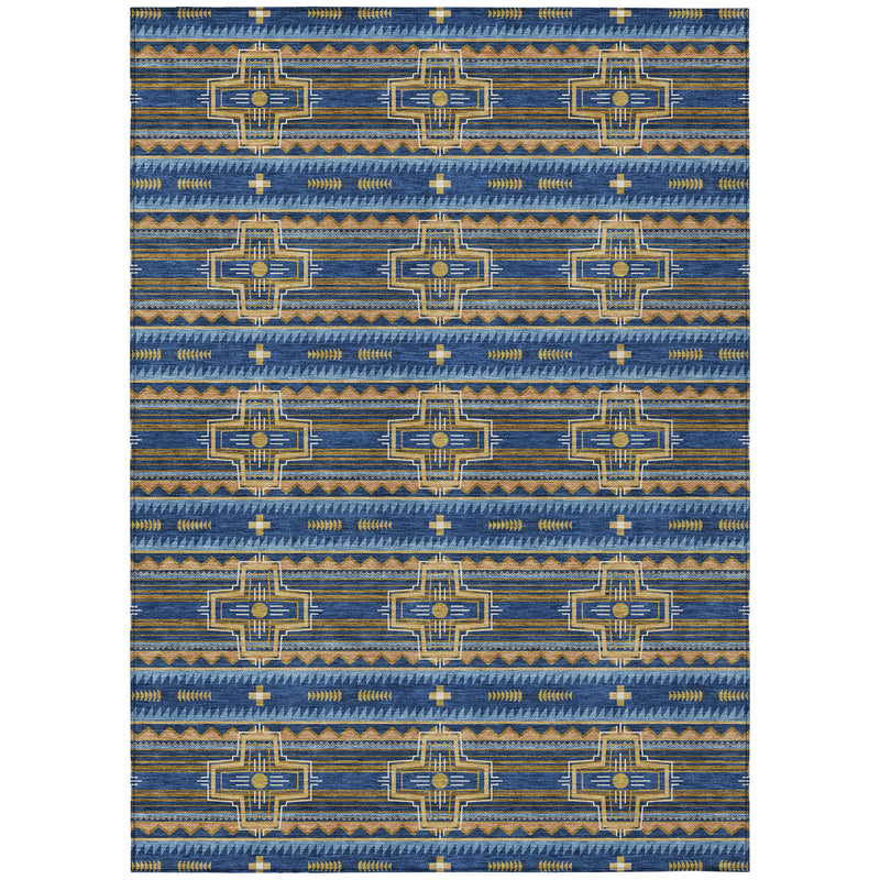 Navy blue tribal area rug featuring repeating geometric medallions and stripes