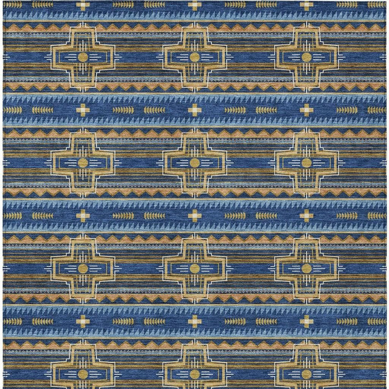 Navy blue tribal area rug with repeating geometric cross motifs and stripe bands