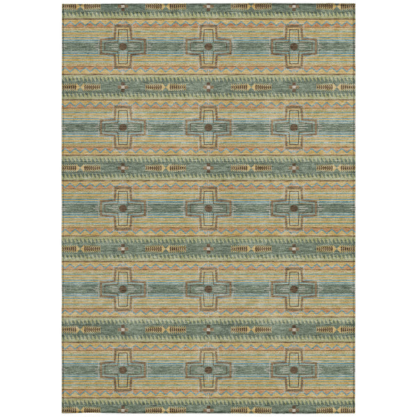 Green and beige tribal patterned area rug with geometric lines and cross motifs