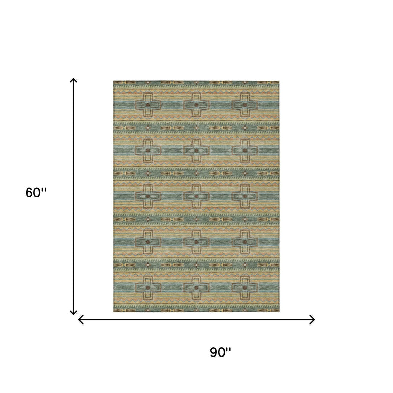 Green, beige, and orange tribal area rug shown in a 90" x 60" size view
