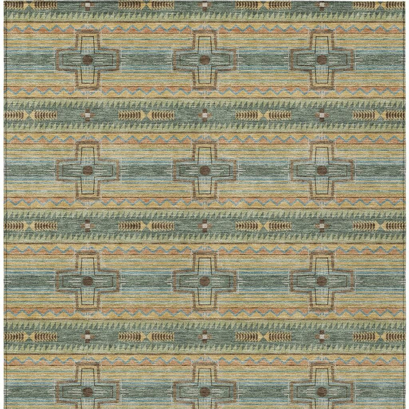 Green, beige, and orange tribal area rug with horizontal stripes and cross motifs