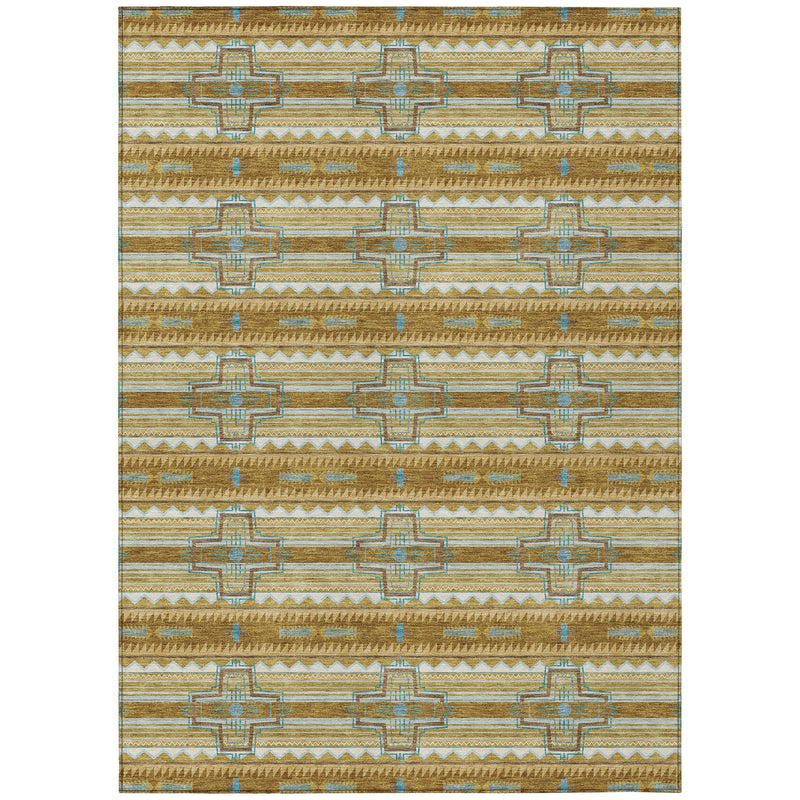 Rectangular washable area rug with tan base and blue tribal pattern border