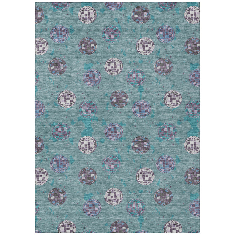 Teal blue geometric area rug with repeating purple, gray, and white orb motifs