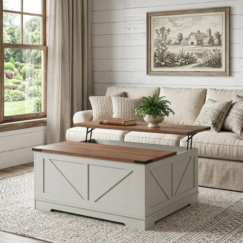 White lift-top trunk coffee table with brown wood top and raised panel door fronts