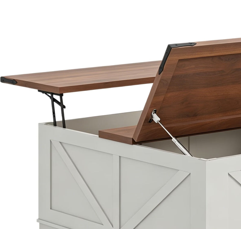 White lift-top trunk coffee table with brown wood lid, angled open view, metal support
