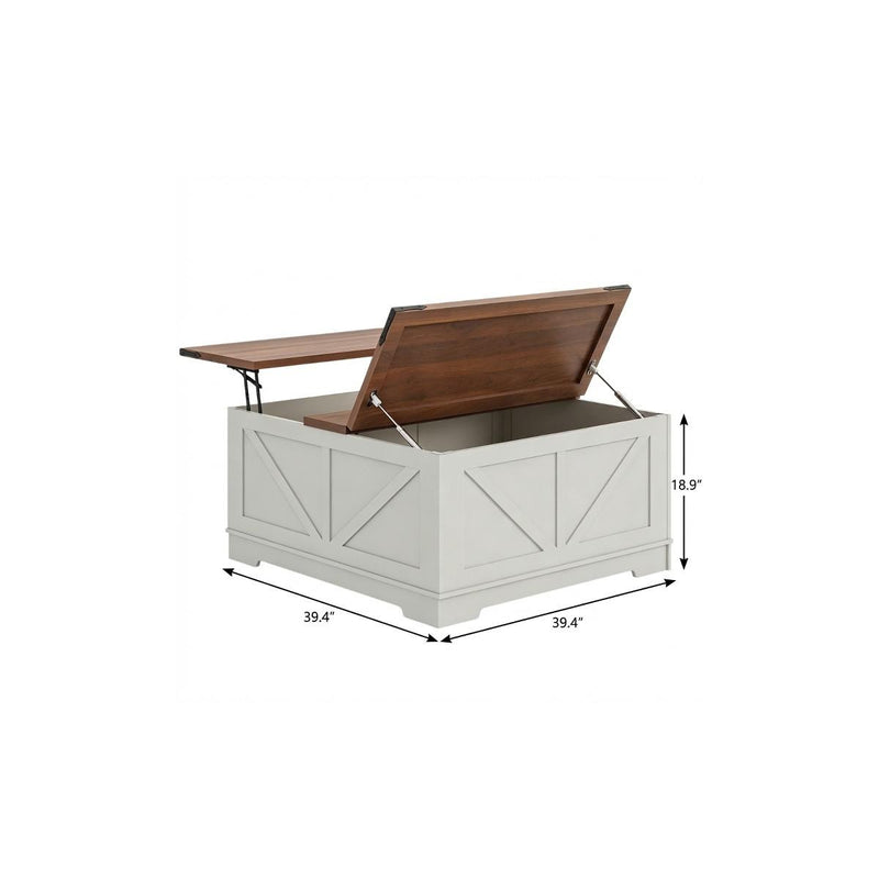 White lift-top trunk coffee table with brown wood top, size diagram showing 39" width