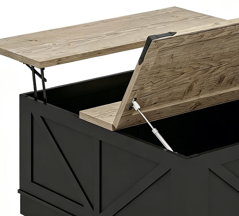 Lift-top trunk coffee table with open lid, light wood panels, dark storage base