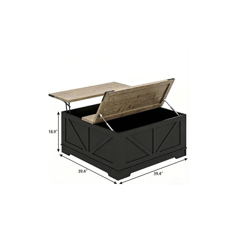 Lift-top trunk coffee table with raised lid, dark base, light wood top, two shelves
