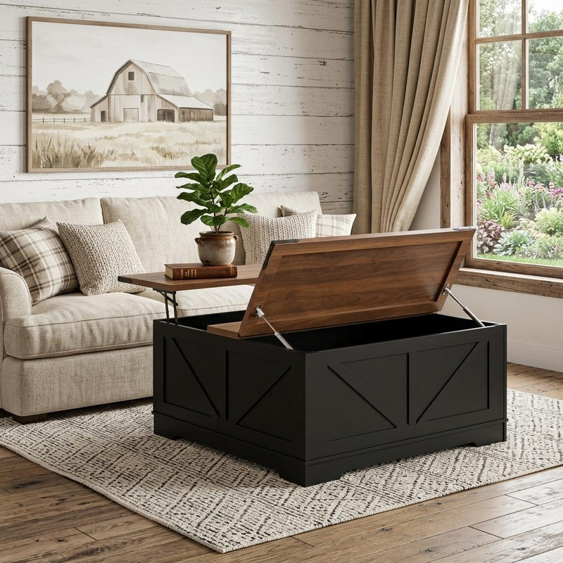 Lift-top trunk coffee table with brown top and black base, open in a living room