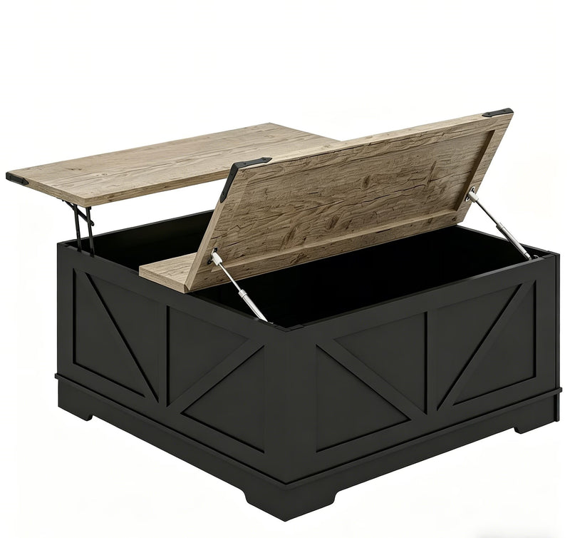 Lift-top trunk coffee table with open lid, light brown wood panel, black storage base