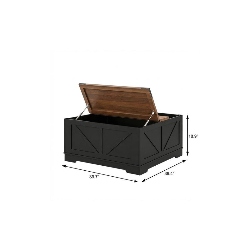 Lift-top trunk coffee table in brown and black, open lid with size arrows