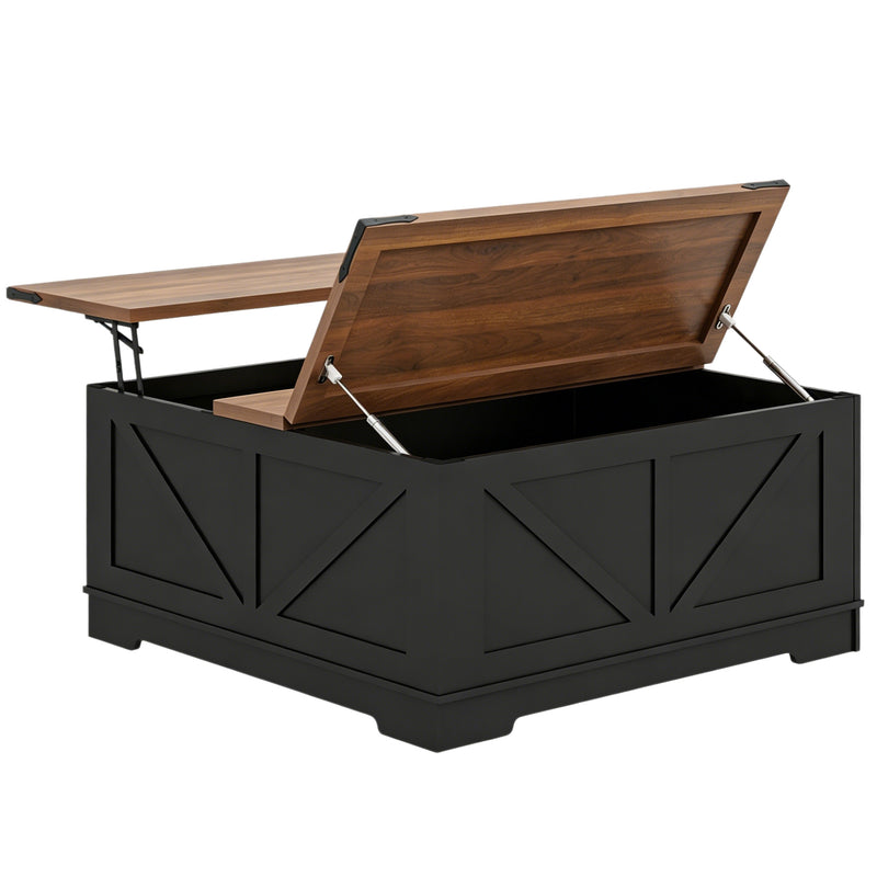 Lift-top trunk coffee table with brown lift lid and black base, open and supported