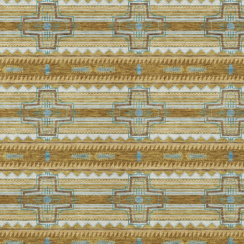 Close-up of tribal area rug pattern with blue cross motifs, zigzags, and striped bands