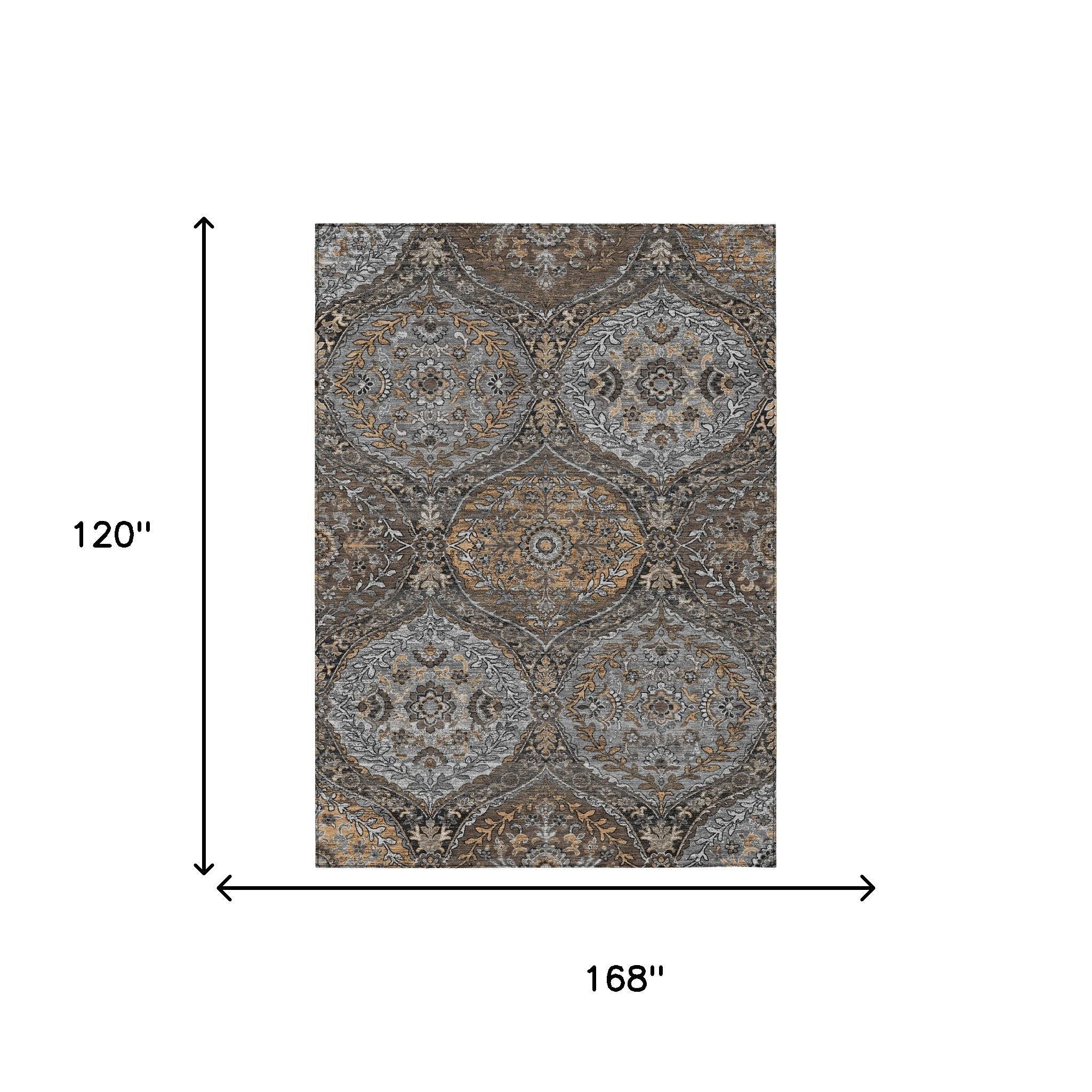 10' X 14' Gray And Brown Ogee Washable Indoor Outdoor Area Rug - Sports & Outdoor