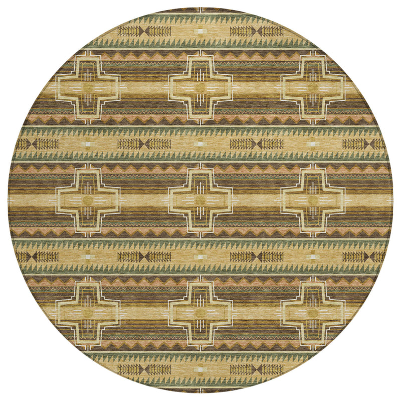 Round area rug with gold border, green and brown stripes, and repeating cross designs
