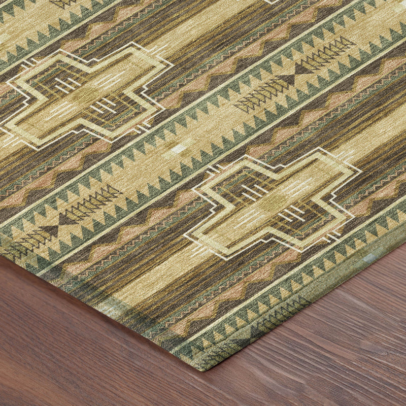 Round area rug close-up with gold cross motifs and green-brown striped tribal pattern
