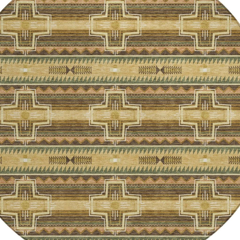 Round area rug with repeating gold cross medallions on green and brown striped background