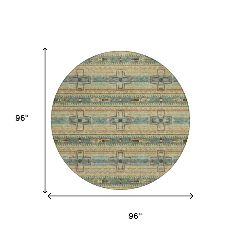Round area rug diagram showing 96 in diameter tribal geometric pattern