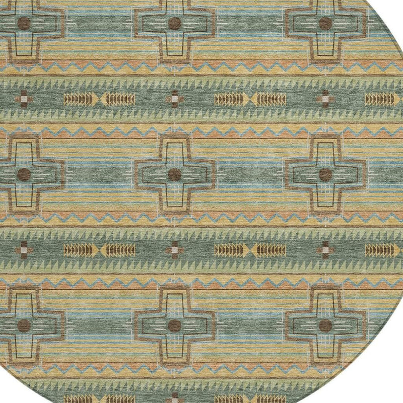 Round area rug close-up showing repeating green and teal tribal bands