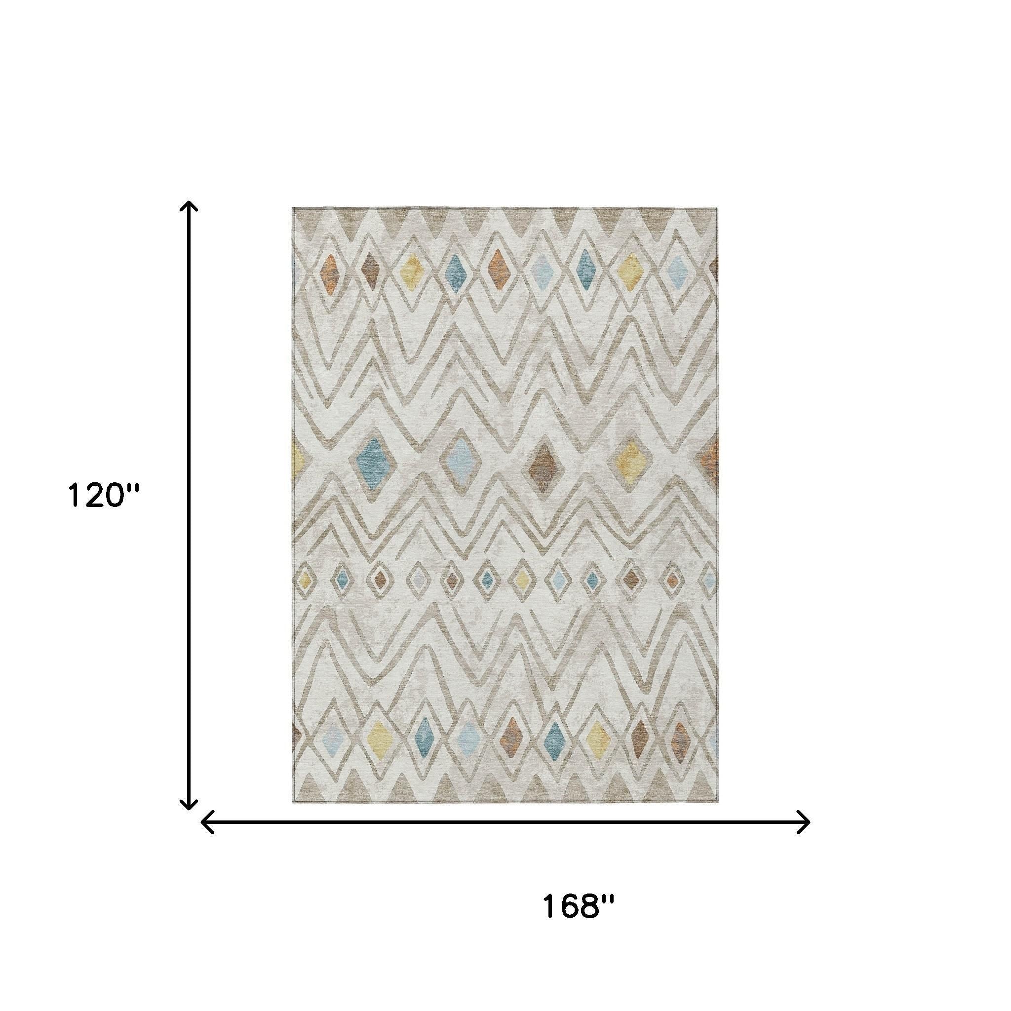 10' X 14' Ivory And Brown Geometric Washable Indoor Outdoor Area Rug - Sports & Outdoor