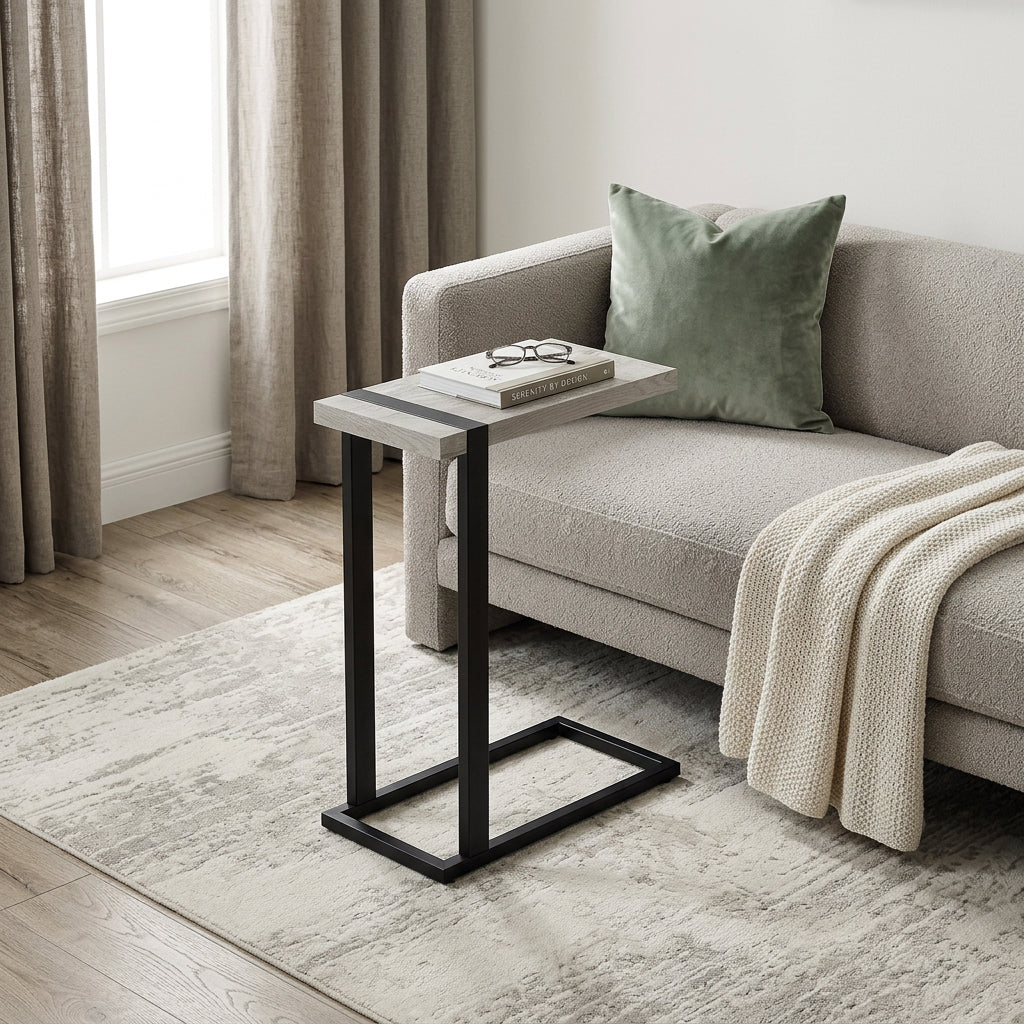 25" Gray and Black Distressed Wood and Iron End Table - Living Room