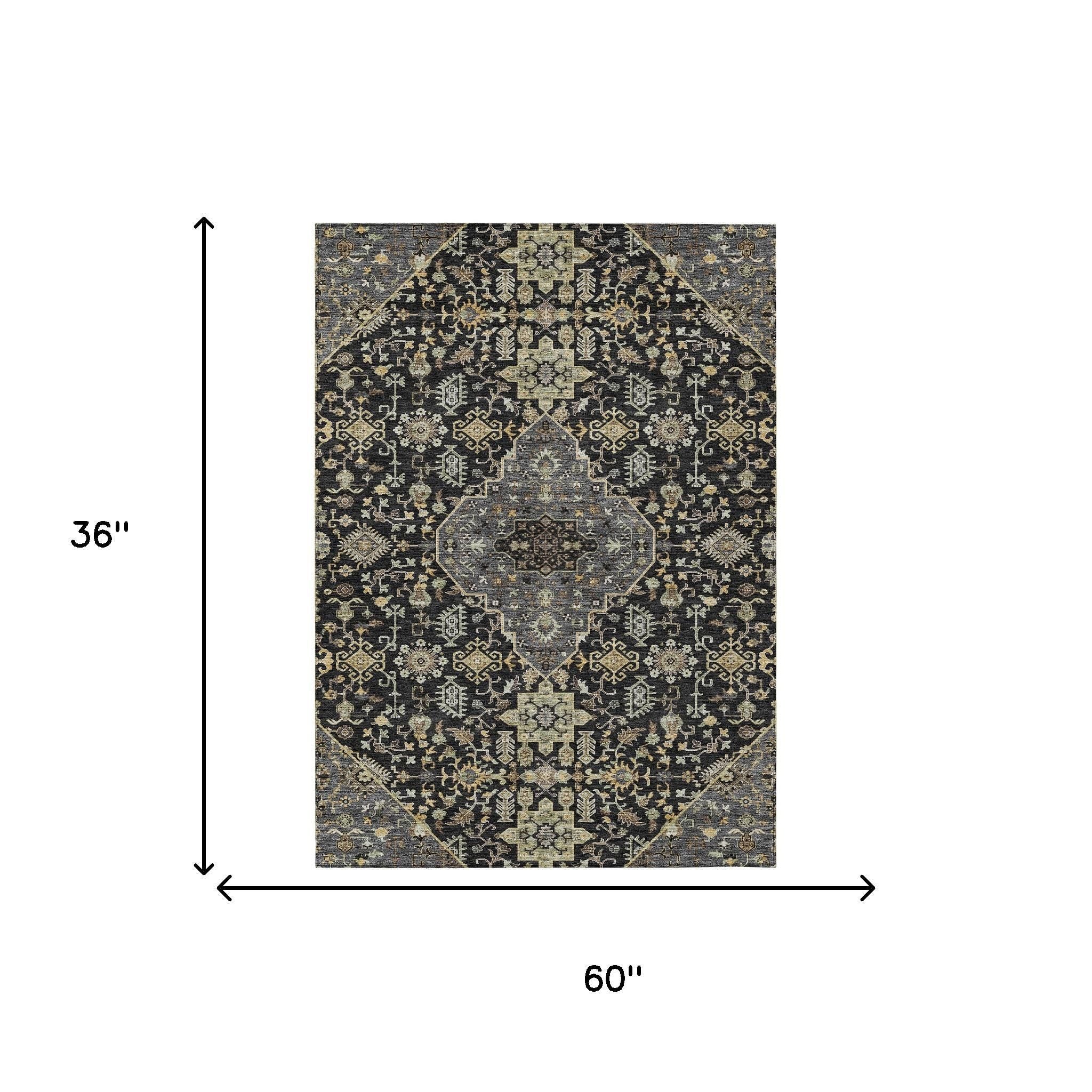 3' X 5' Black And Brown Medallion Washable Indoor Outdoor Area Rug - Sports & Outdoor