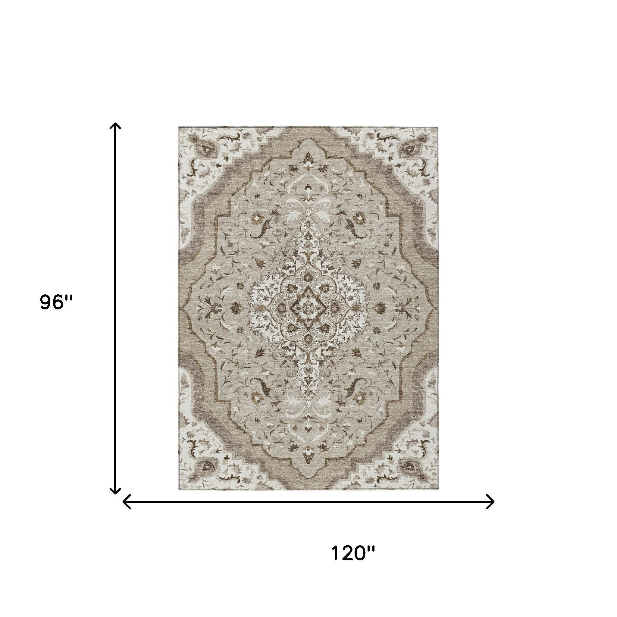 8' X 10' Beige And Taupe Medallion Washable Indoor Outdoor Area Rug - Sports & Outdoor