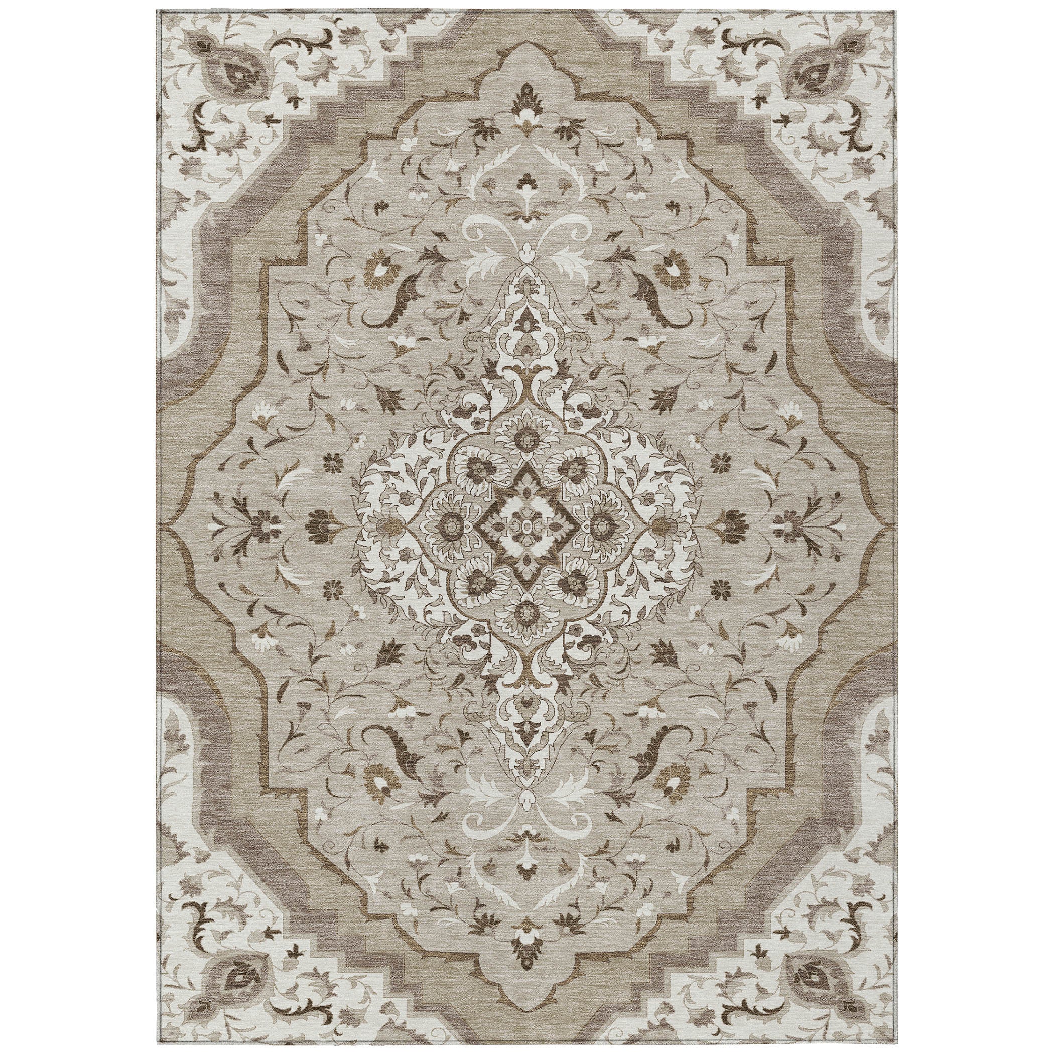8' X 10' Beige And Taupe Medallion Washable Indoor Outdoor Area Rug - Sports & Outdoor