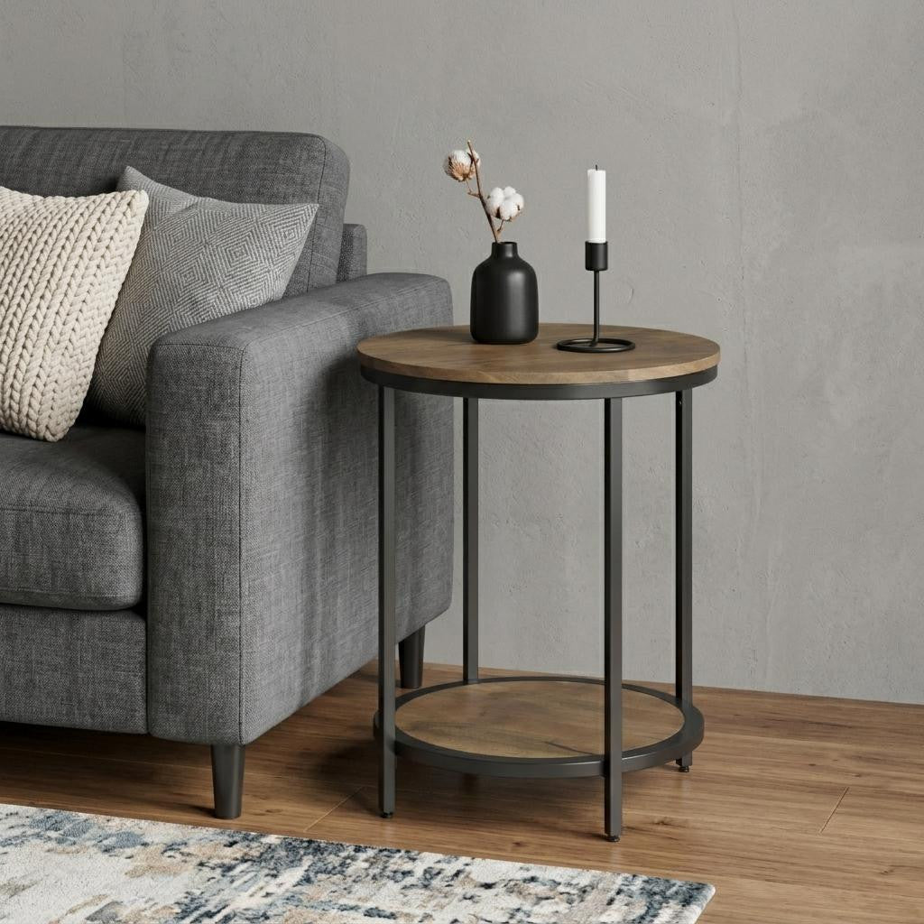 24" Matte Gray and Black Solid Wood and Iron Round End Table With Shelf - Living Room