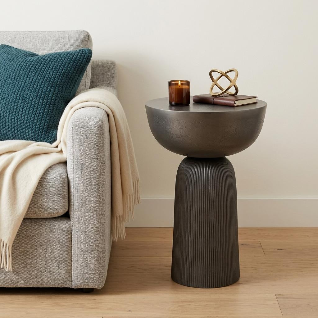 21" Matte Black Aluminum Round Pedestal End Table - Living Room