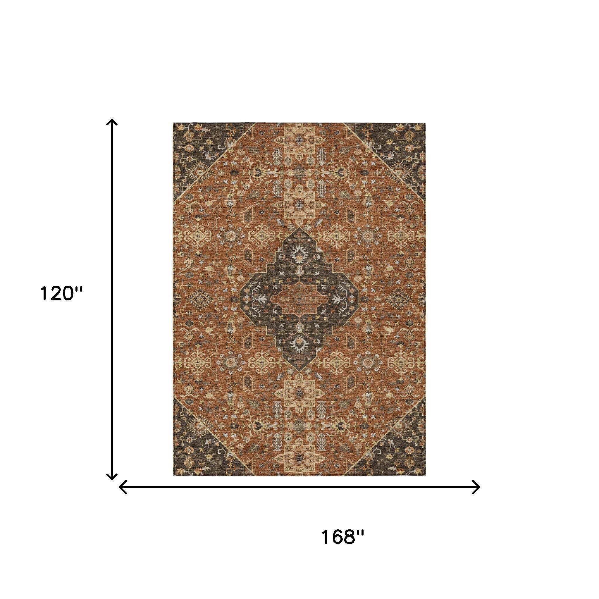 10' X 14' Orange And Brown Medallion Washable Indoor Outdoor Area Rug - Sports & Outdoor