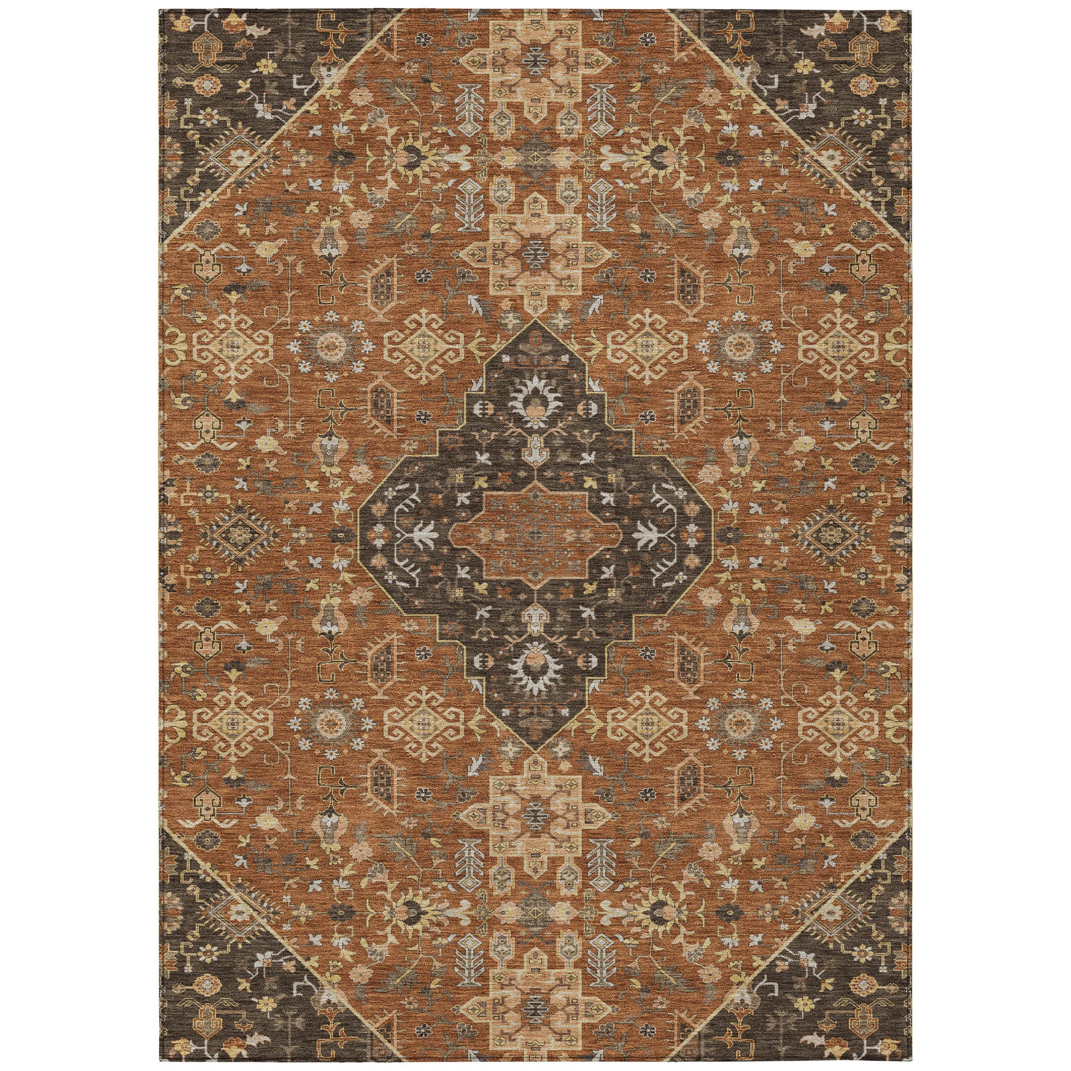 10' X 14' Orange And Brown Medallion Washable Indoor Outdoor Area Rug - Sports & Outdoor