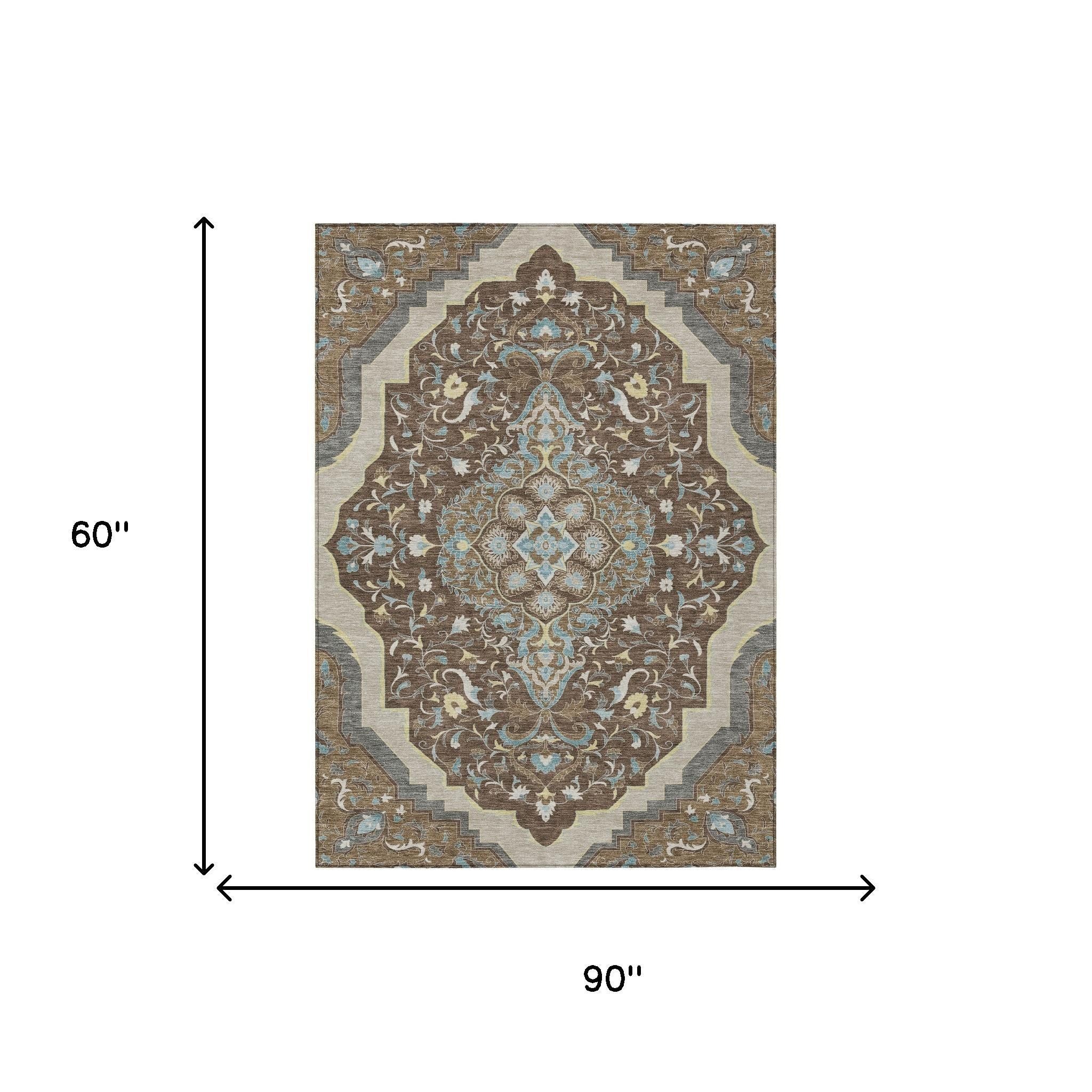 5' X 8' Brown And Beige Medallion Washable Indoor Outdoor Area Rug - Sports & Outdoor