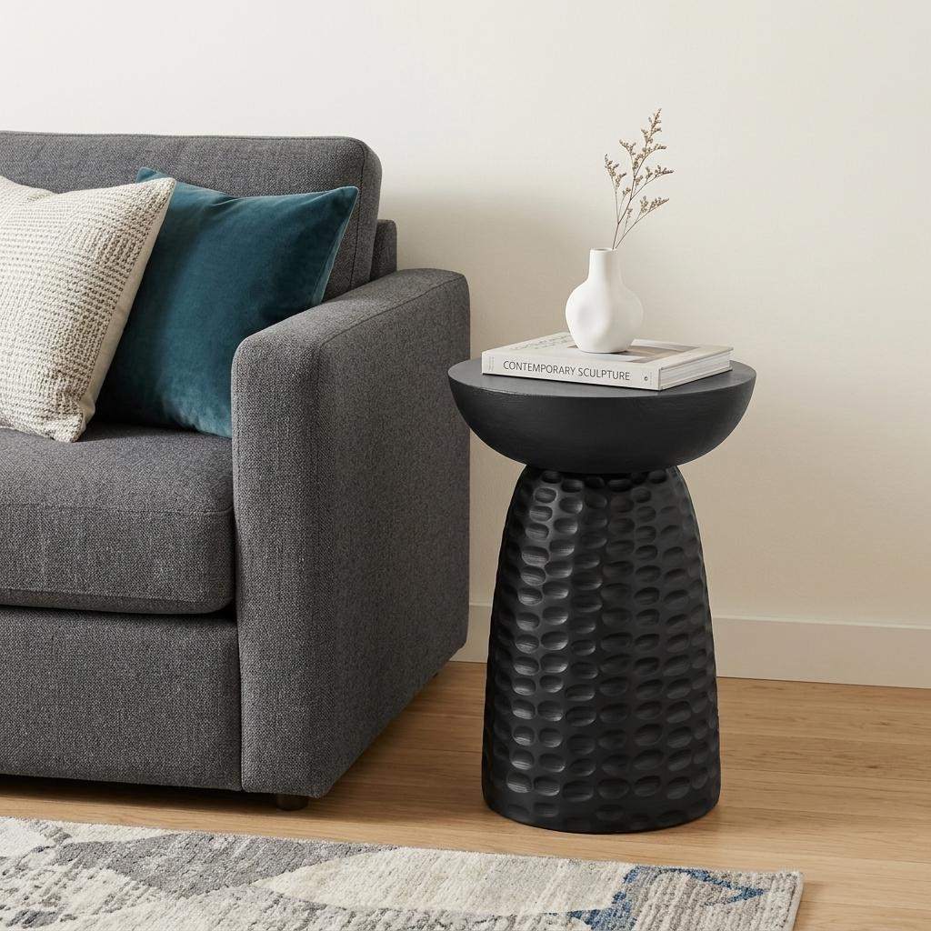 18" Black Distressed Solid Wood Round Pedestal End Table - Living Room
