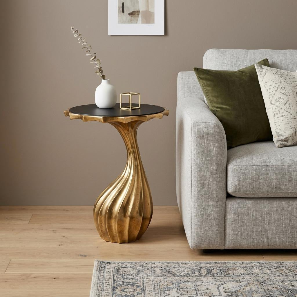 25" Gold And Black Aluminum And Granite Round Abstract End Table - Living Room