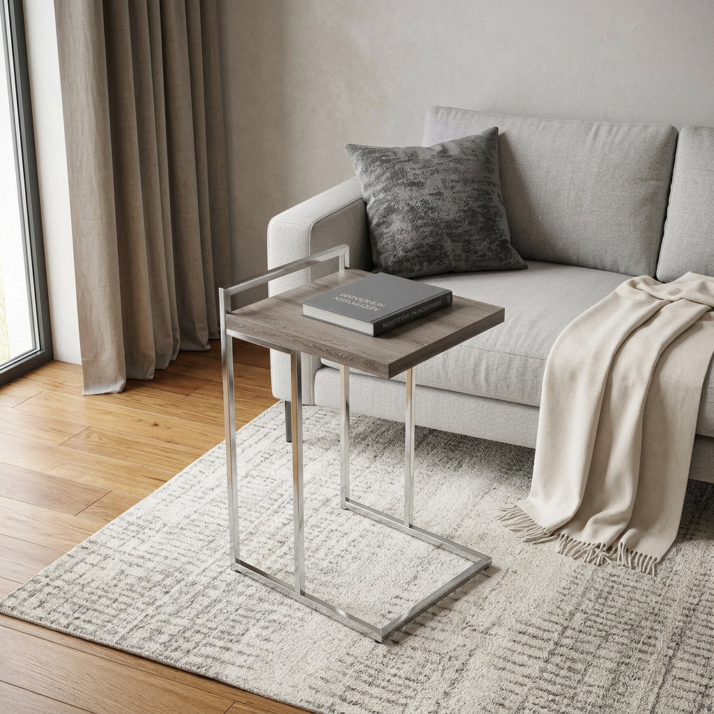 27" Taupe and Silver Wood and Iron End Table - Living Room