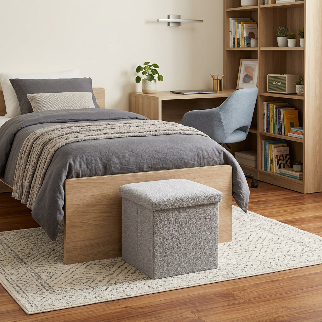 12" Gray Boucle Cube Ottoman With Storage - Living Room