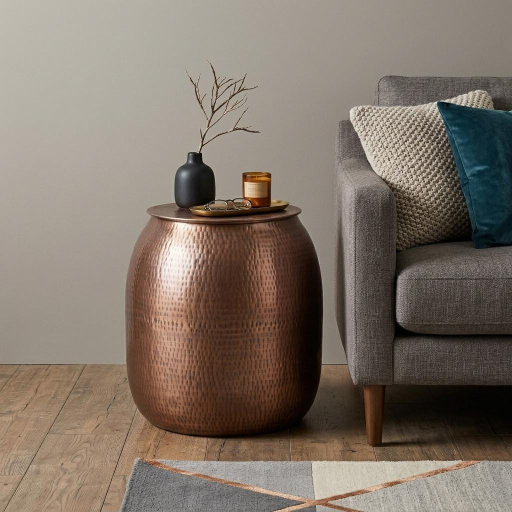 21" Hammered Copper Distressed Iron Round Drum End Table - Living Room