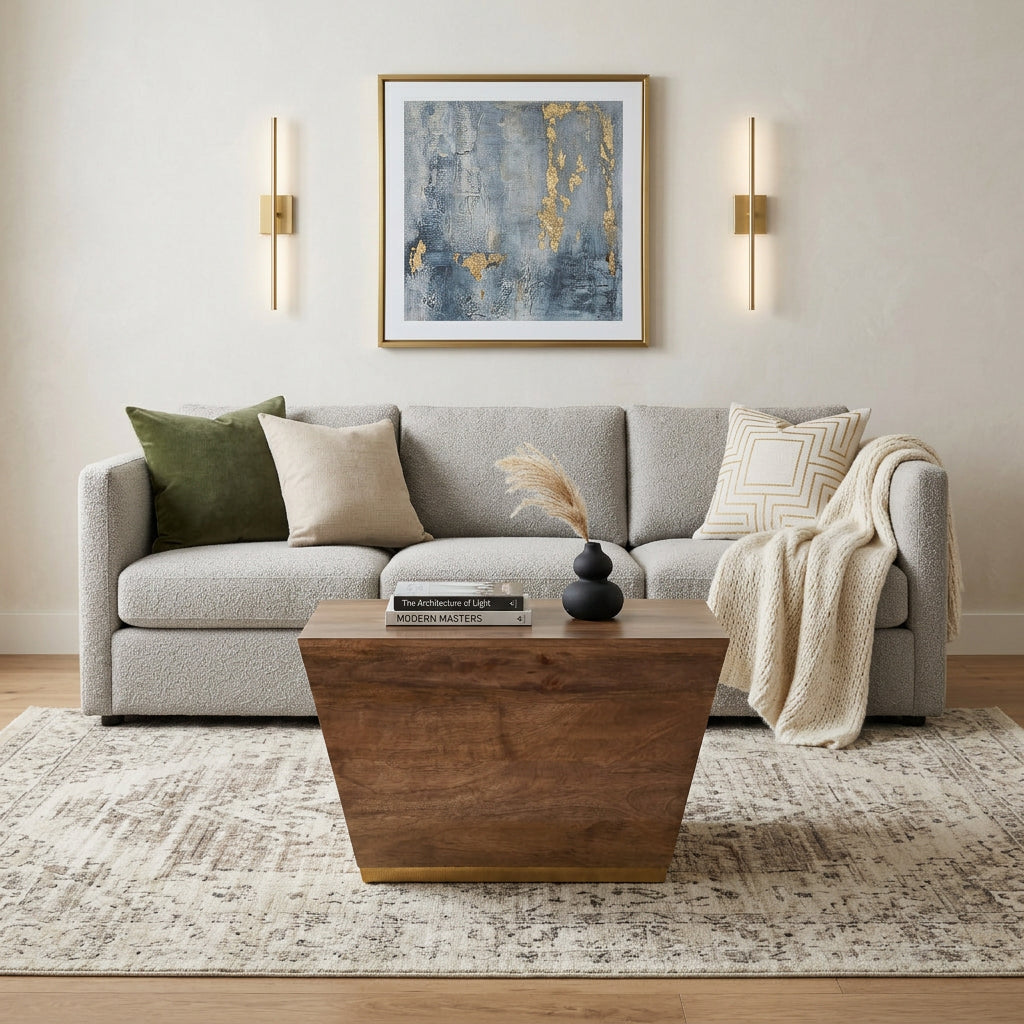19" Dark Brown and Brass Distressed Solid Wood Square Block End Table - Living Room
