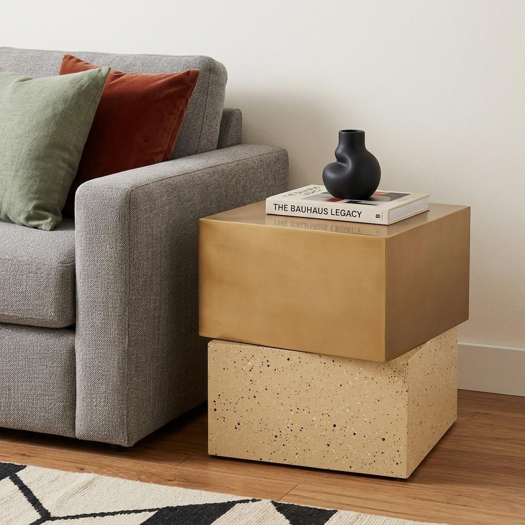 20" Gold and Beige Faux Terrazzo and Iron Free Form Pedestal End Table - Living Room