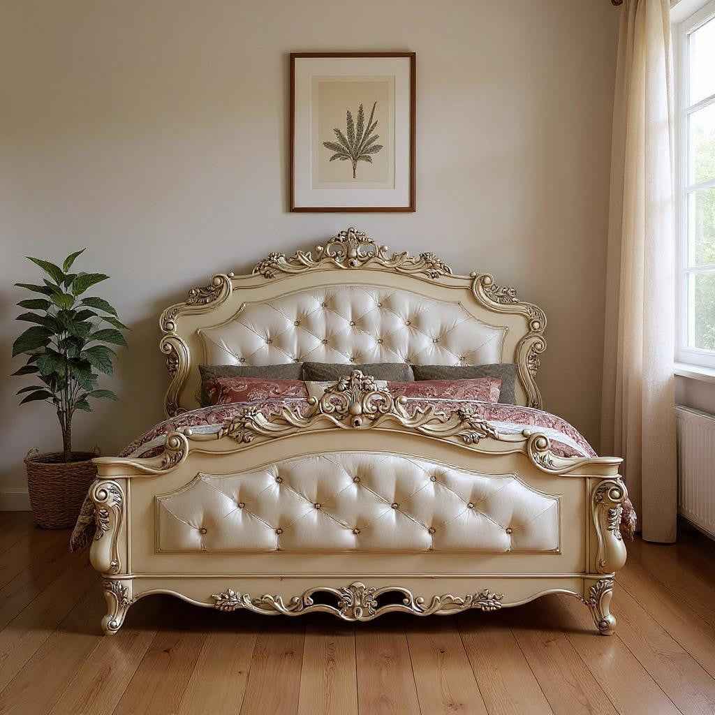 Antiqued White Wood And Tufted Silk Queen Bed Frame With Nailhead Trim