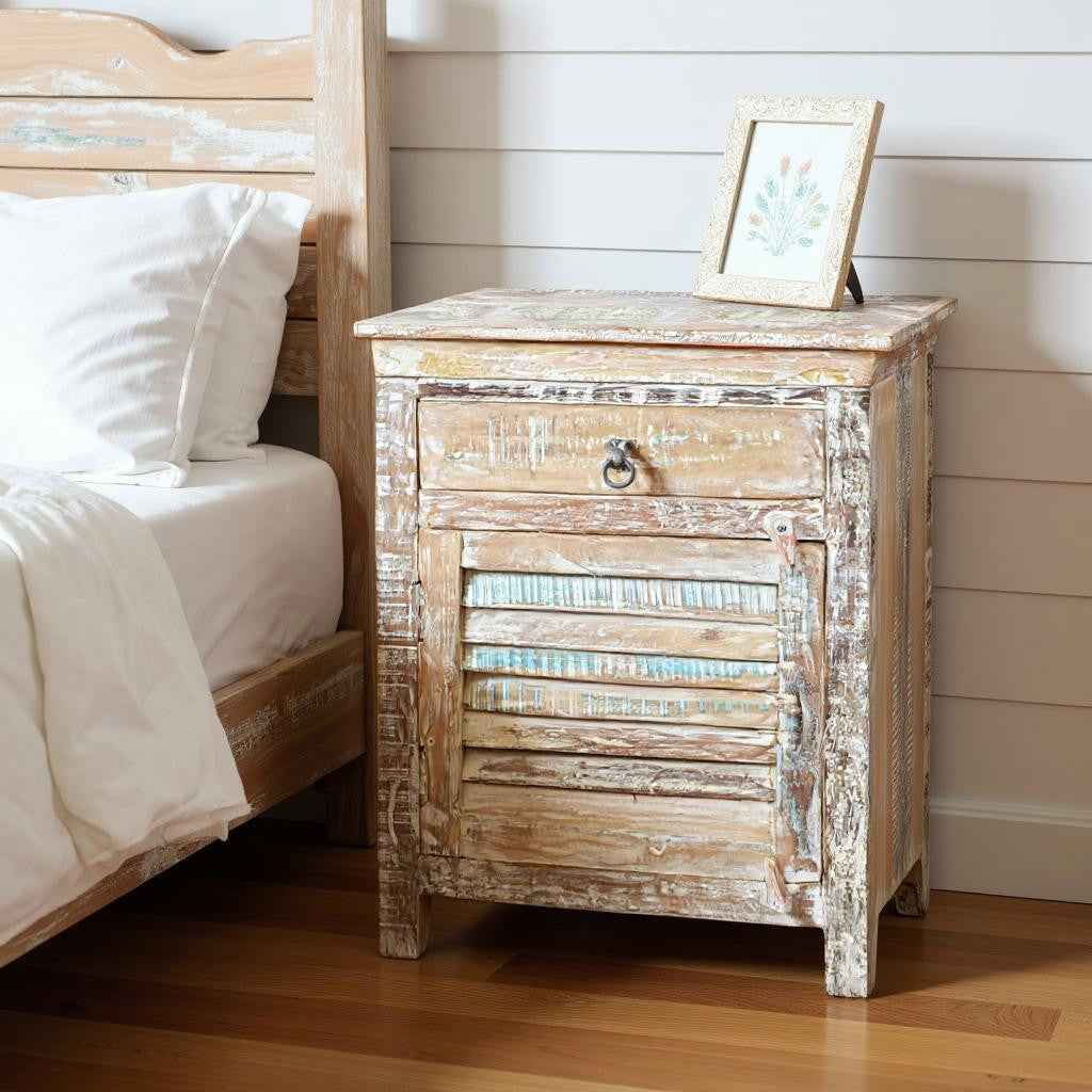 30" White Solid Wood Distressed One Drawer Nightstand